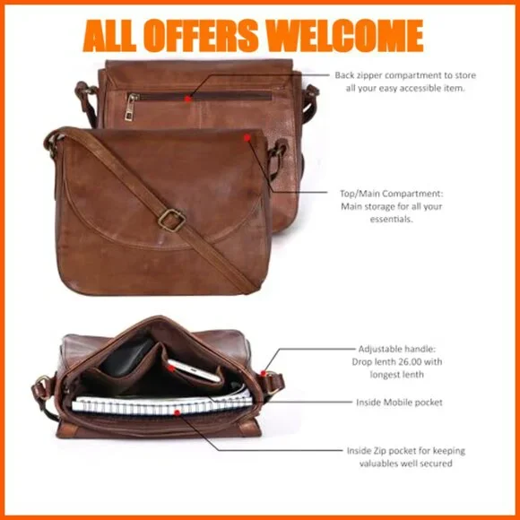 Genuine Leather Crossbody Purse with Adjustable Strap and Multiple Pockets